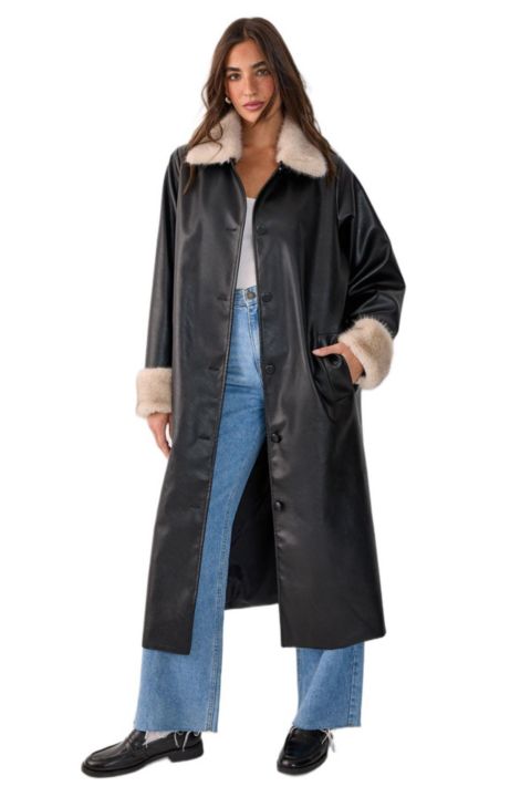 Женские куртки Nasty Gal Women's Faux Leather Longline Fur Trim Coat