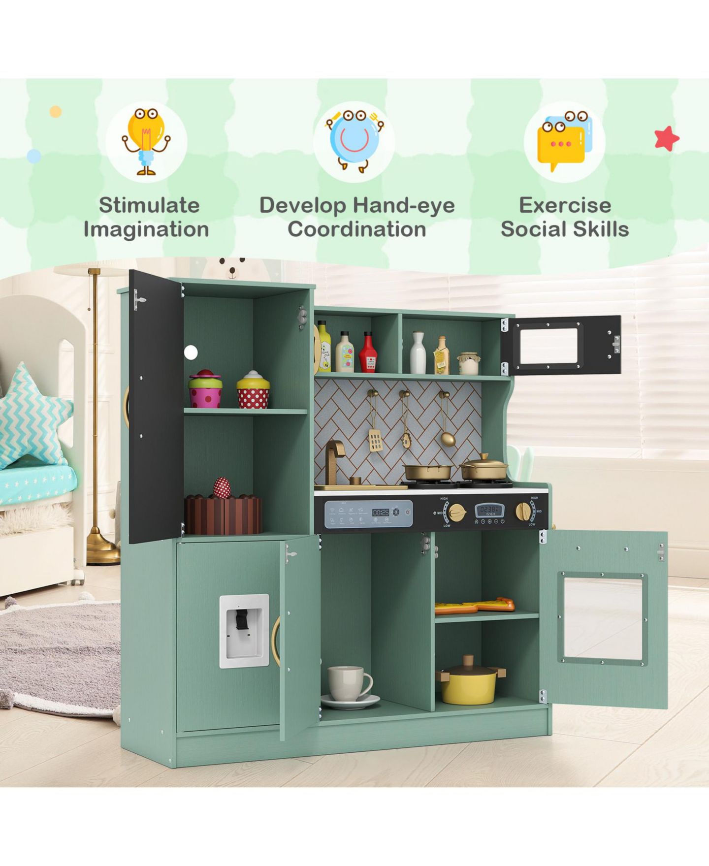 Детская игрушка Mecale Interactive Pretend Play Kitchen with Lights and Sounds, Ages 3+, цвет: Зелёный — фото 4