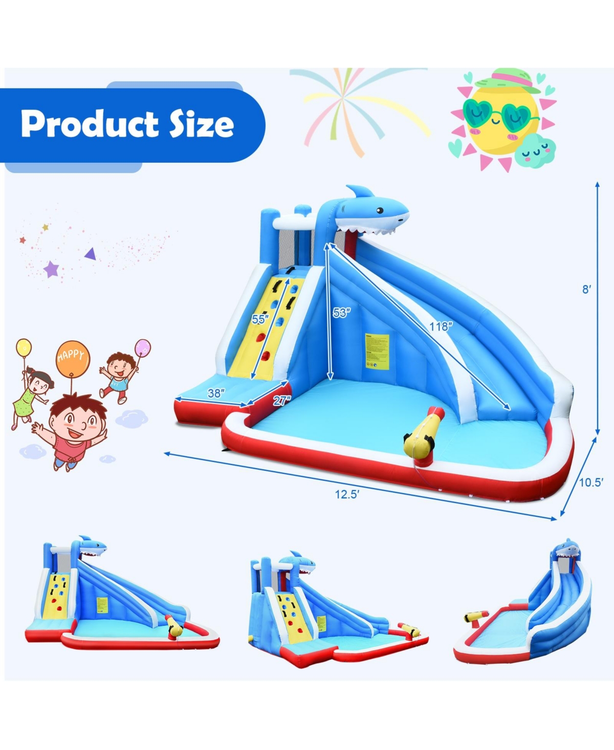 Mecale Inflatable Shark Bounce House with Water Slide & Climbing Wall, No Blower Included