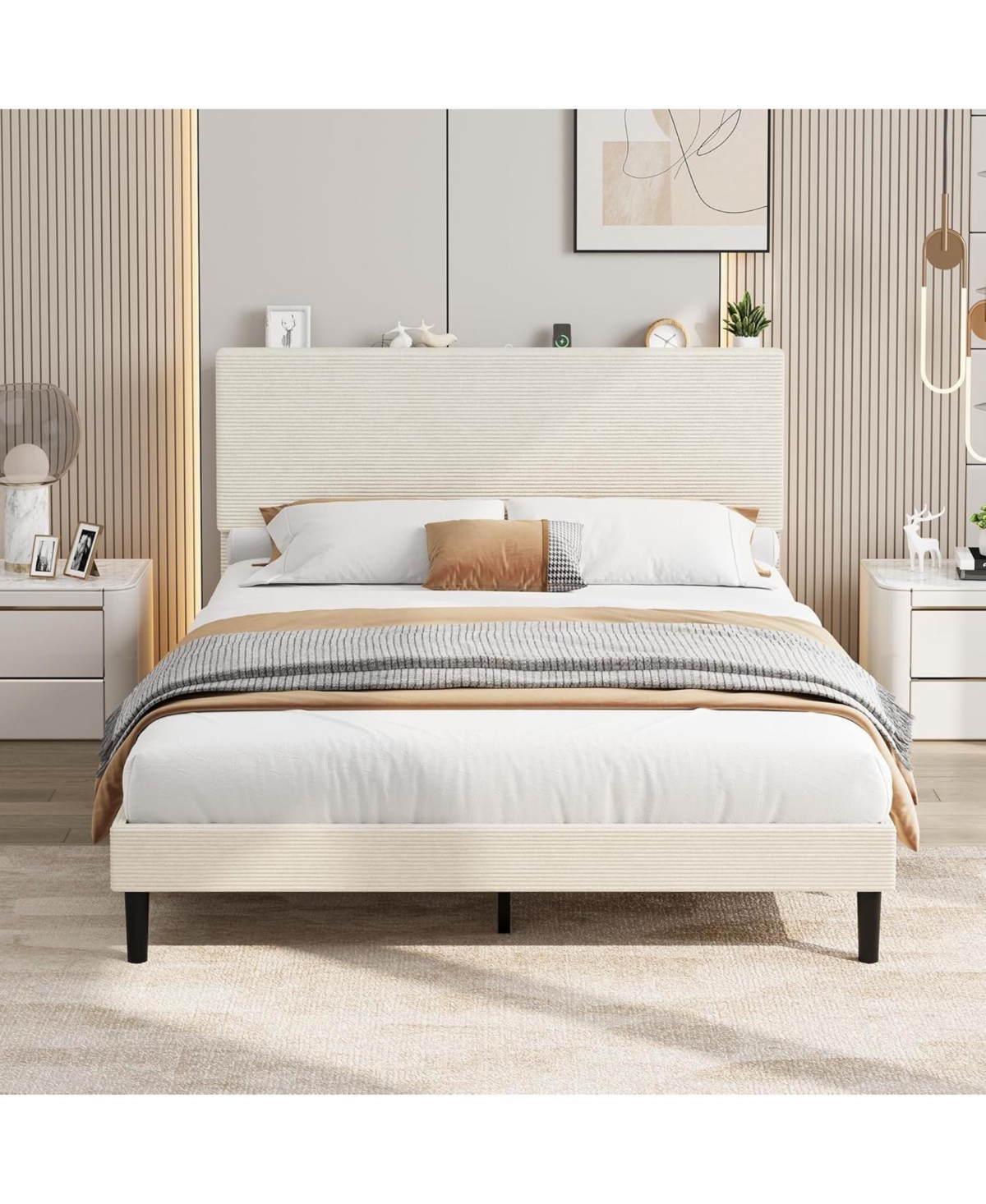 Gaomon Bed Frame with Usb Charging Station, Corduroy Upholstered Platform Adjustable Storage Headboard