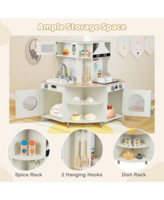 Kids Play Kitchen, Wooden Corner Kitchen Playset with Working Faucet & Sink