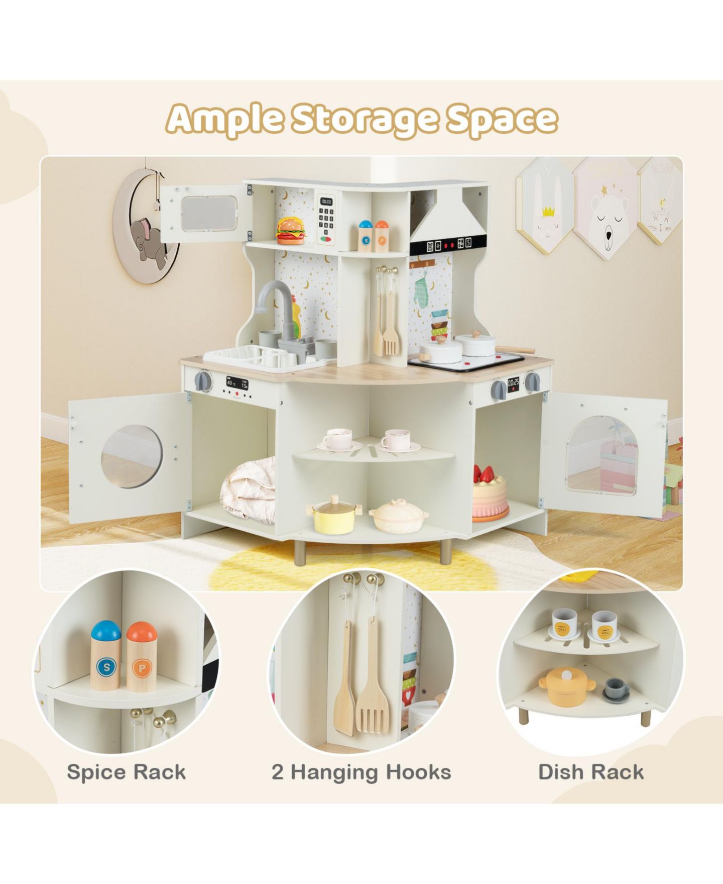 Детский игровой набор Mecale Wooden Corner Kitchen Playset with Working Faucet & Sink, Ages 3+, цвет: Белый — фото 7