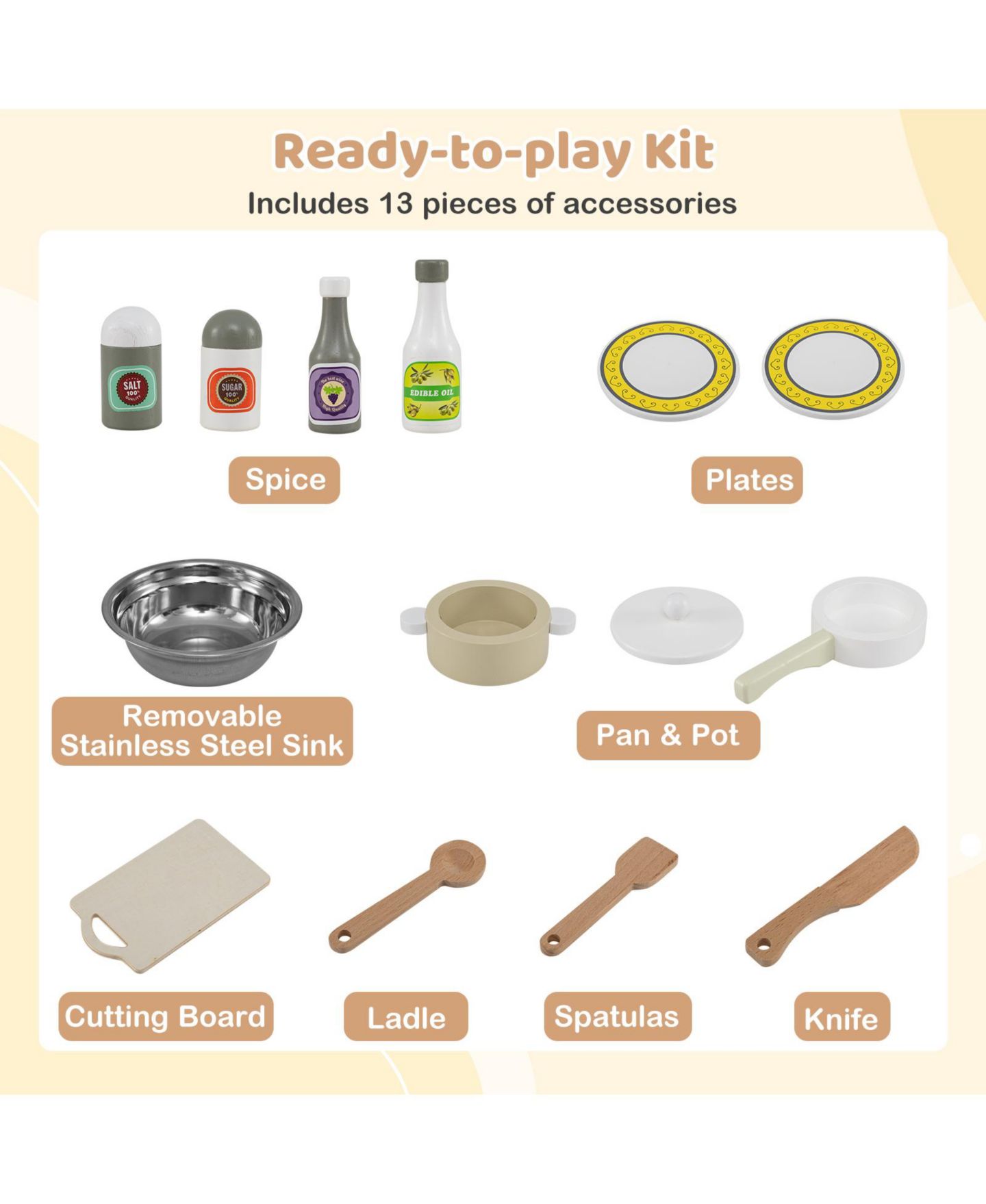 Детские игрушки Mecale Wooden 13-Piece Play Kitchen, Ages 3+, цвет: Коричневый — фото 6