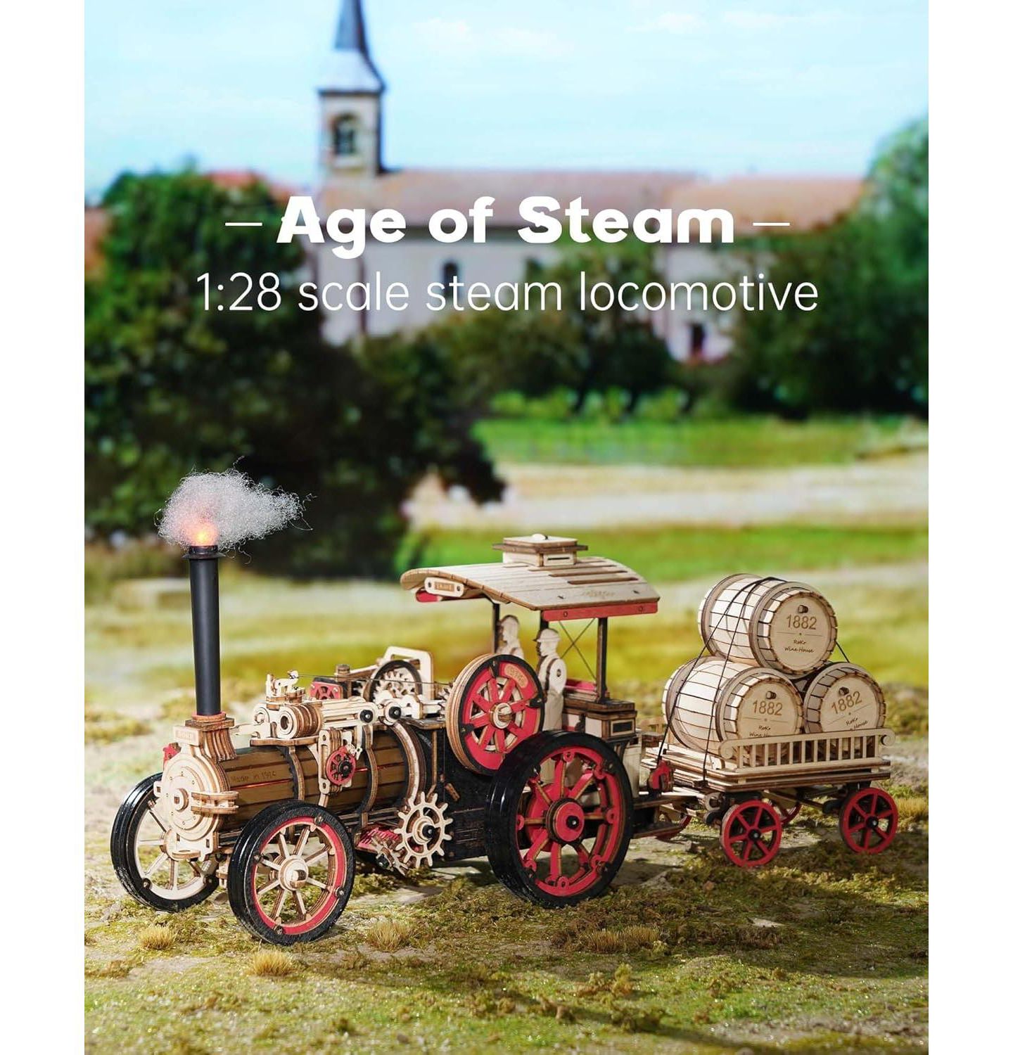 Детские конструкторы Robotime Vintage Steam Tractor 469-Piece 3D Wooden Puzzle, Ages 14+, цвет: Бежевый — фото 3