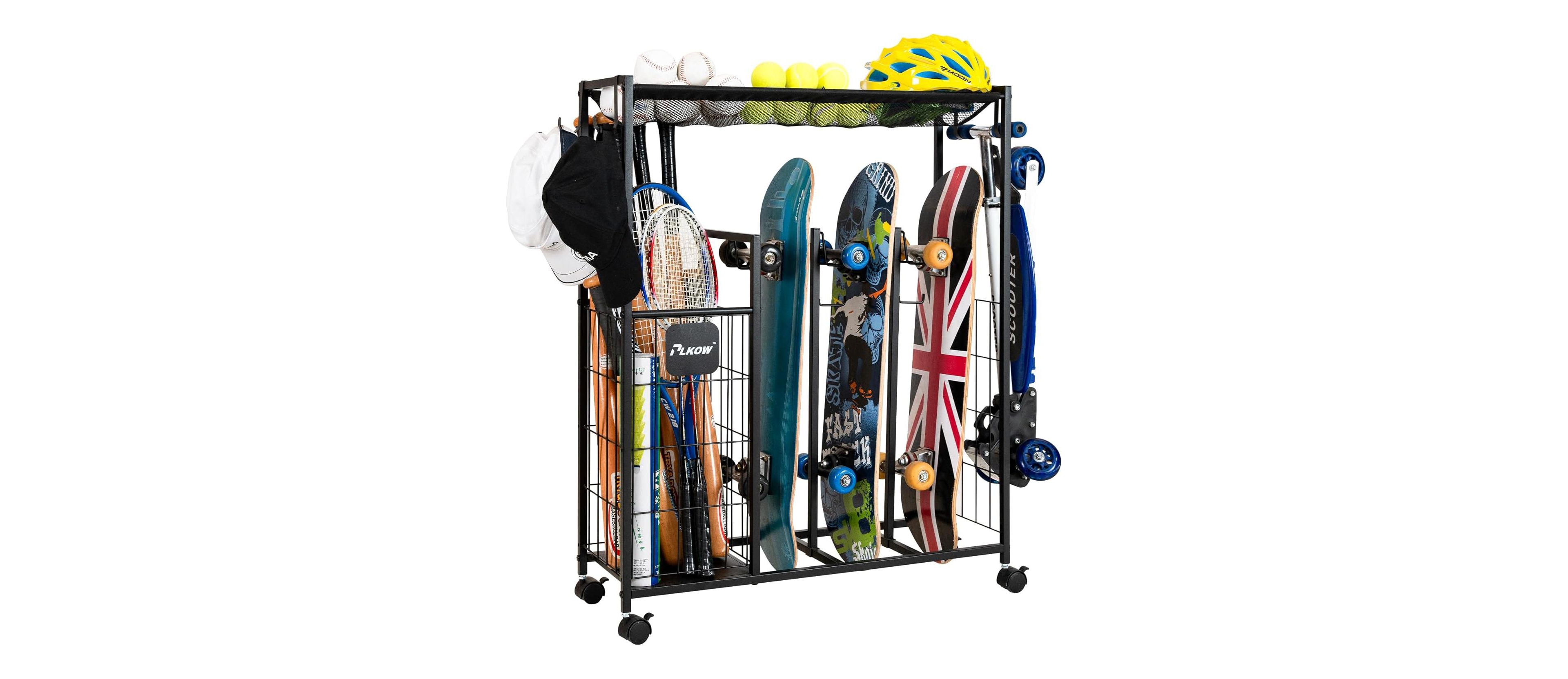 Skateboard Storage Rack with Wheels, Heavy Duty Sports Storage Rack for Garage, Home or School Use