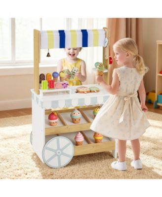 Wooden Ice Cream Cart for Kids, 2-in-1 Grocery Store Playset with Display Shelves