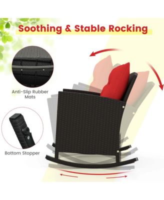 3 PCS Patio Wicker Rocking Set with Tempered Glass Table and Soft Cushions Outdoor