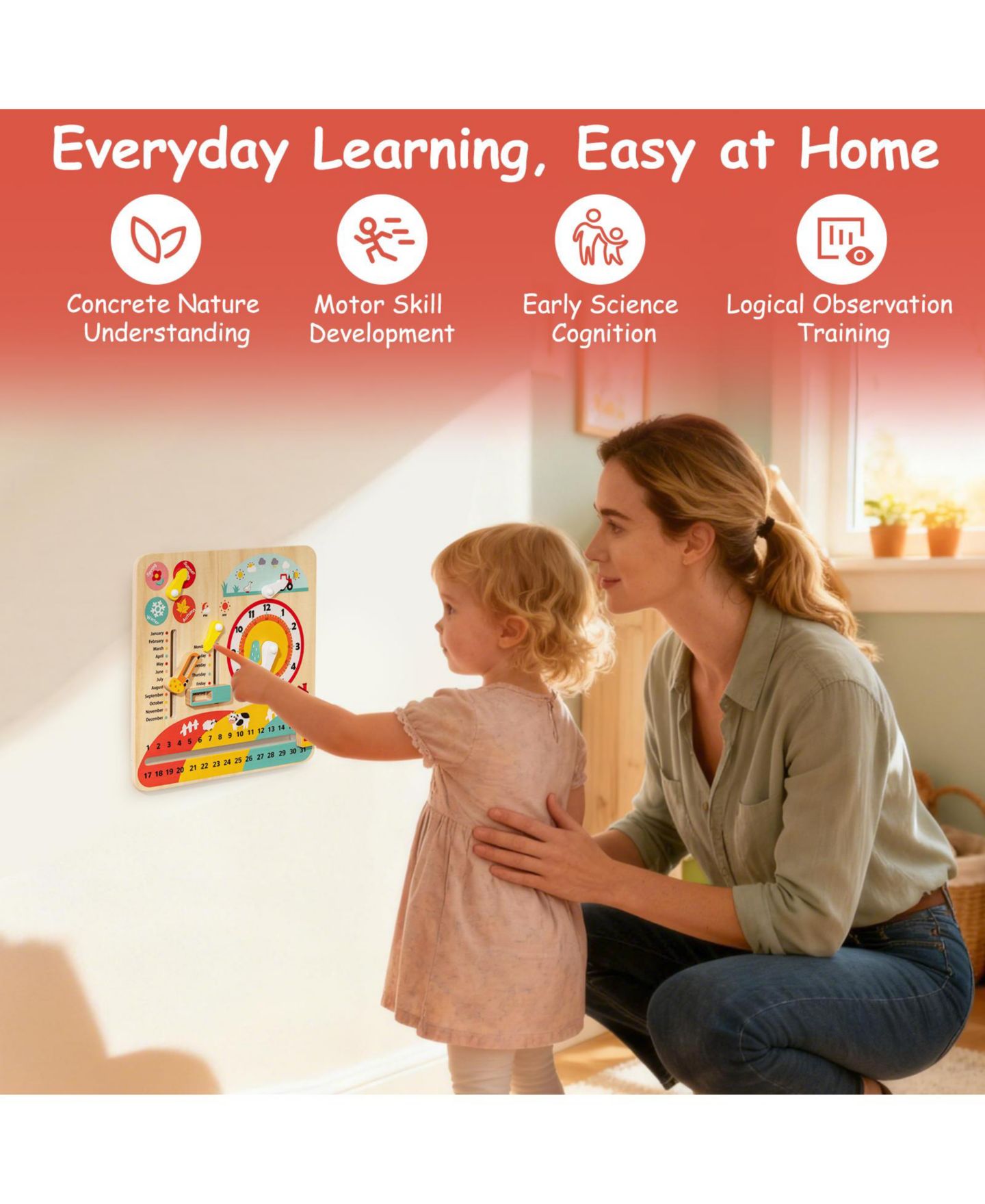 Детская игрушка Mecale Montessori Wooden Seasons Learning Clock, Ages 3+, цвет: Коричневый — фото 8
