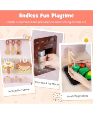Wooden Pretend Kitchen Playset with Realistic Ice Maker, Fun Interactive Toy