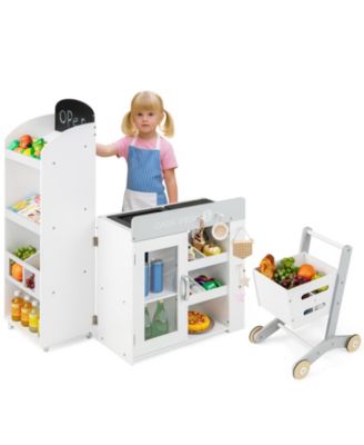 Kids Grocery Store Playset, Convertible Wooden Play Store with Shopping Cart for Pretend Play