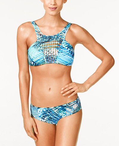 Kenneth Cole Sporty Splice Printed High-Neck Bikini Top & Hipster Bottoms