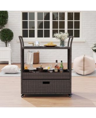Patio Wicker Bar Cart with Durable Tempered Glass Tabletop