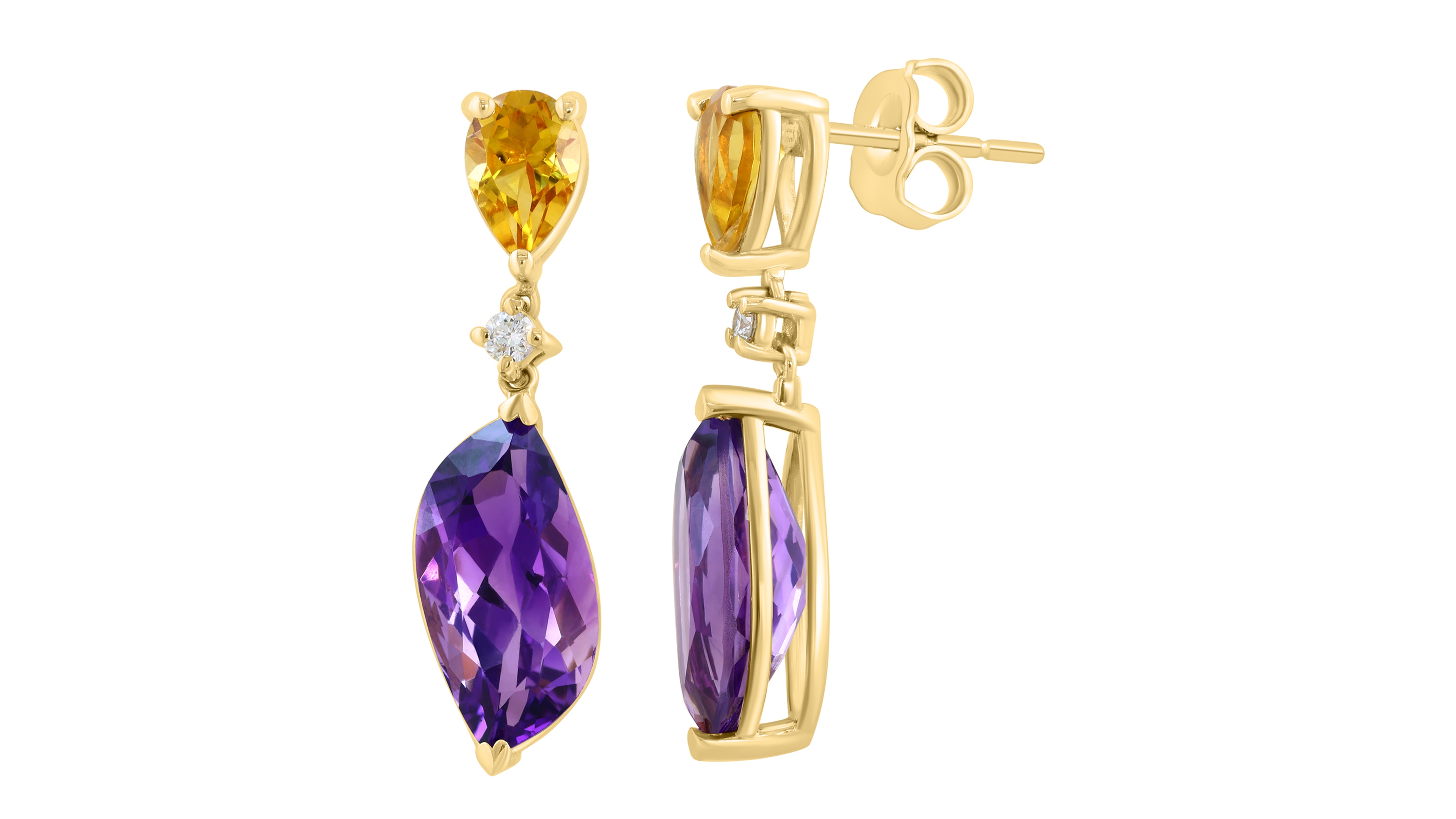 Effy Collection Amethyst (3-5/8 ct. t.w.), Citrine (5/8 ct. t.w.) and Diamond (1/20 ct. t.w.) Drop Earrings in 14k Yellow Gold