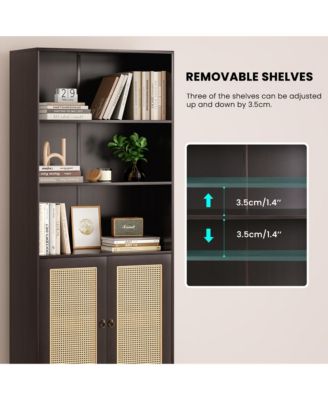 71" Tall Bookshelf, 5 Tier Wood Storage Bookcase with Rattan Doors and Ample Storage Space for Living Room, Home Office