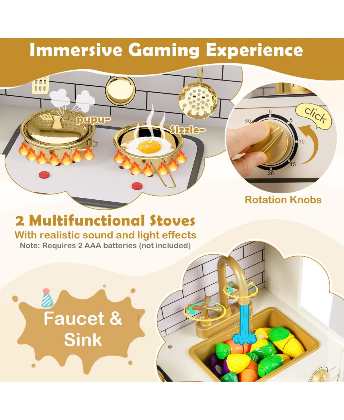 Mecale Pretend Toy Kitchen Set with Stove & Water Dispenser for Role-Playing Fun