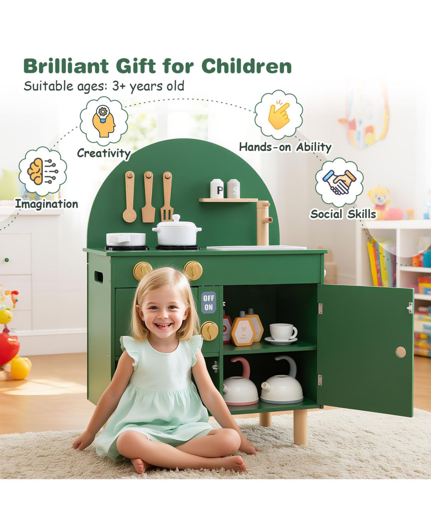 Детская игрушка Mecale Wooden Play Kitchen with Stove, Microwave, Oven, and Sink, Ages 3+, цвет: Зелёный — фото 7