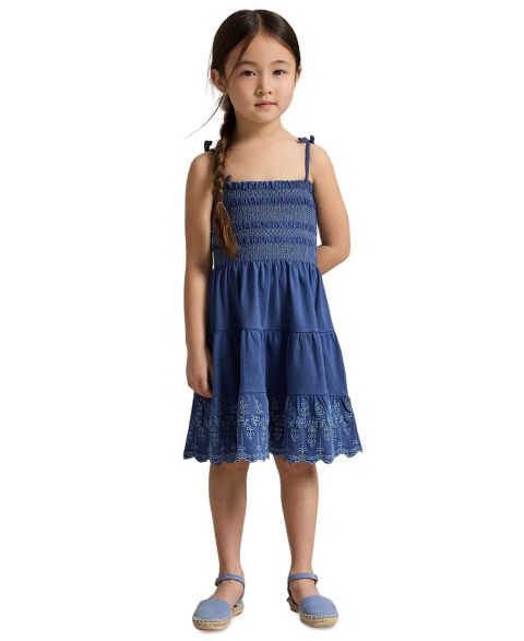 Платье Polo Ralph Lauren Smocked Eyelet Cotton Jersey Dress для девочек, цвет: Земляной синий