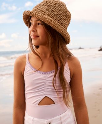 Girls' Cinched Cutout Round Neck One-Piece Swimsuit