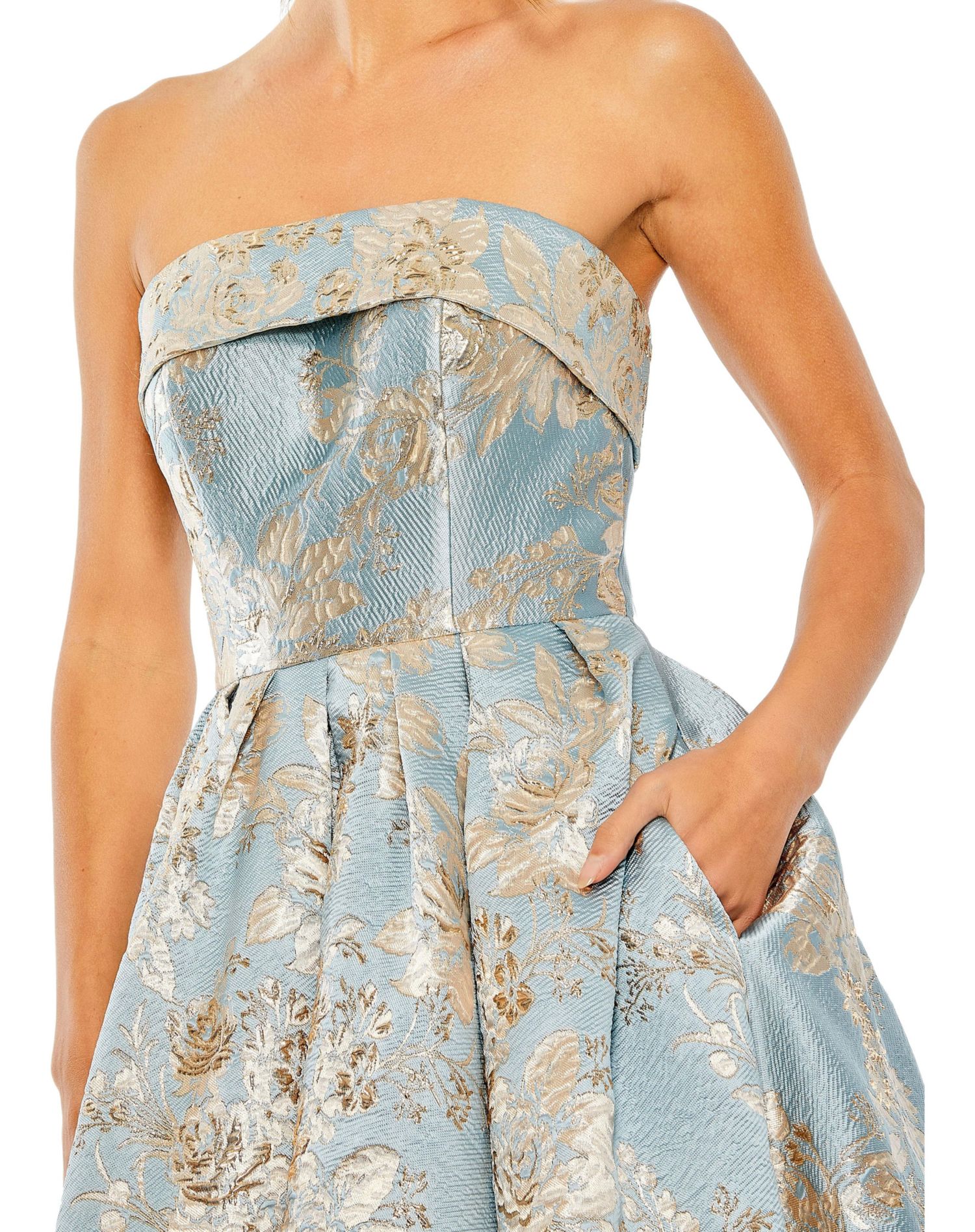 Petite Strapless Brocade Midi Dress with Pockets