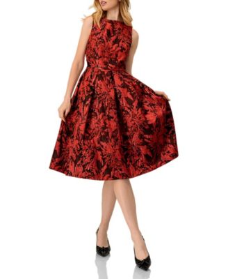 Women's Sleeveless Red and Black Jacquard Midi Dress