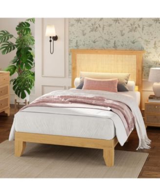 Rattan Bed Frame with Natural Rattan Headboard, Bohemian Rattan Bed Frame with LED Lights, Solid Wood Foundation