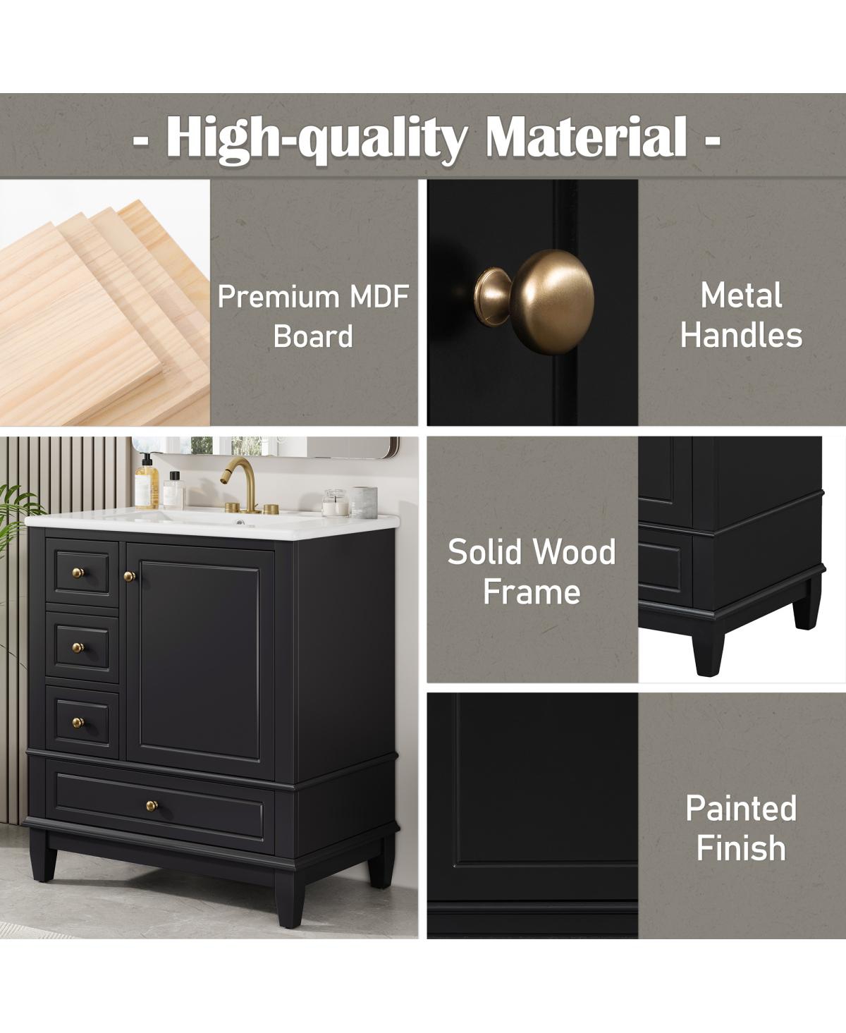 Sillysis 30'' Bathroom Vanity with Ceramic Sink, Solid Wood Frame, Multi-Drawer Storage & Soft Close Door for Modern Bathrooms