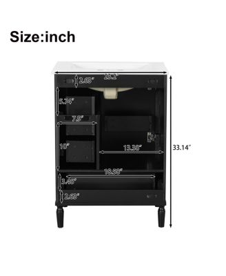 24" Black Bathroom Vanity with Ceramic Sink, Modern Freestanding Solid Wood MDF Cabinet, 3 Drawers Soft Close Door for Small Spaces