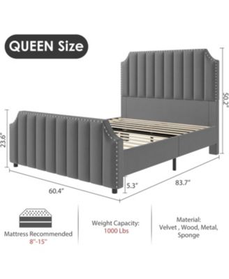 Velvet Upholstered Bed Frame with Headboard&Footboard,Platform Bed Frame with Nailhead Trim