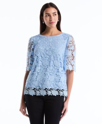 Petite Scalloped Elbow-Sleeve Lace Top