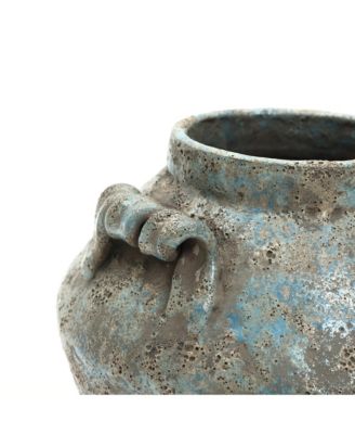 Antiqued Blue & Brown Terracotta Vase with Handles, 9" Round Farmhouse Vintage Pottery