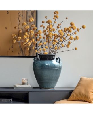 Ocean Blue Ceramic Vase with Handles, 15.75" Tall Amphora Pot for Rustic or Coastal Decor