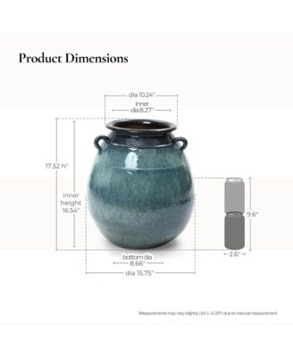 Ocean Blue Ceramic Vase with Handles, 17.5" Tall Rounded Pot for Rustic or Coastal Decor