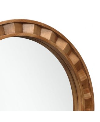 Natural Wood Frame Round Wall Mirror, 28” Rustic Wooden Decor