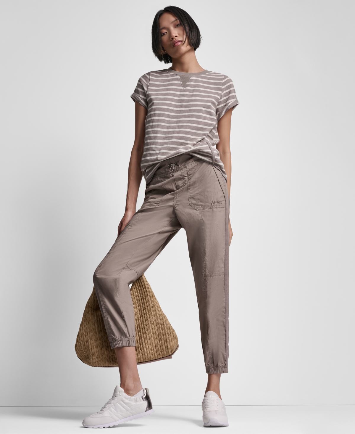 Dkny Sport Women's Embroidered Crewneck Logo Roll-Sleeve Top