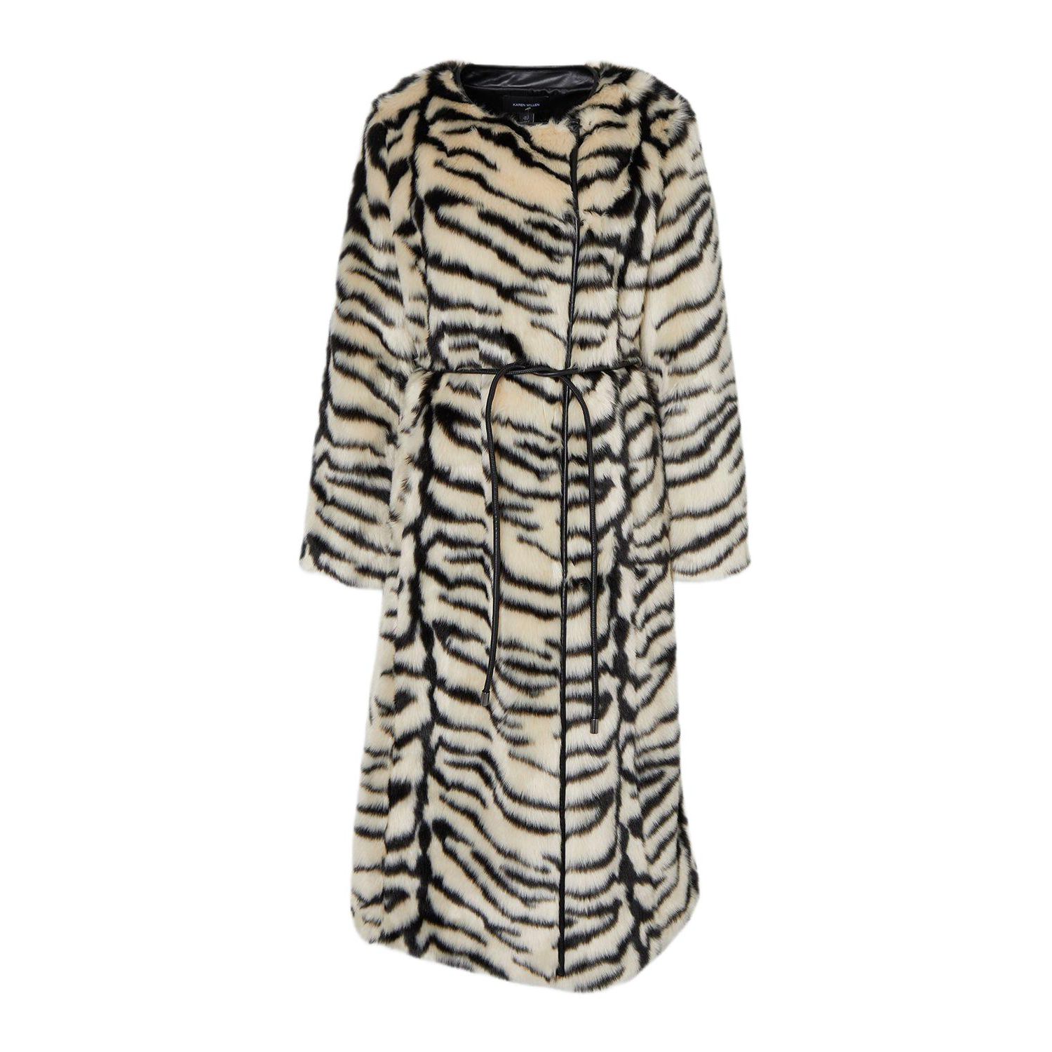 Women's Faux Fur Collarless Tie Belted Midi Coat