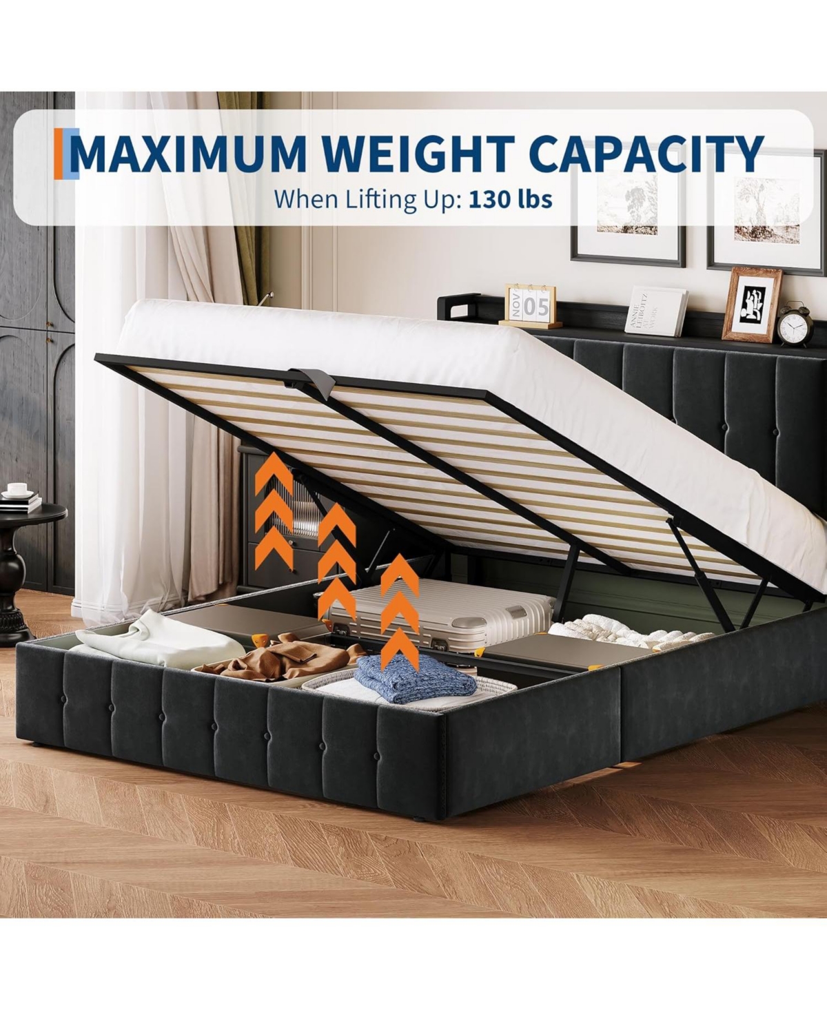 gaomon Bed Frame with Lift Up Storage, Upholstered Velvet Storage Headboard, Metal Platform Bed, Hydraulic Support