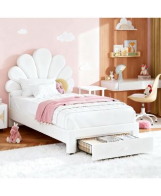 Bed Frame for Kids - with 2 Storage Drawers, Cute Velvet Princess Platform Bed with Upholstered Headboard for Girls/Boys