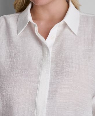 Plus Size Long-Sleeve Collared Organza Blouse
