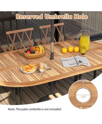 9 PCS Patio Dining Set Table w/ Acacia Wood Top and Umbrella Hole Metal Frame