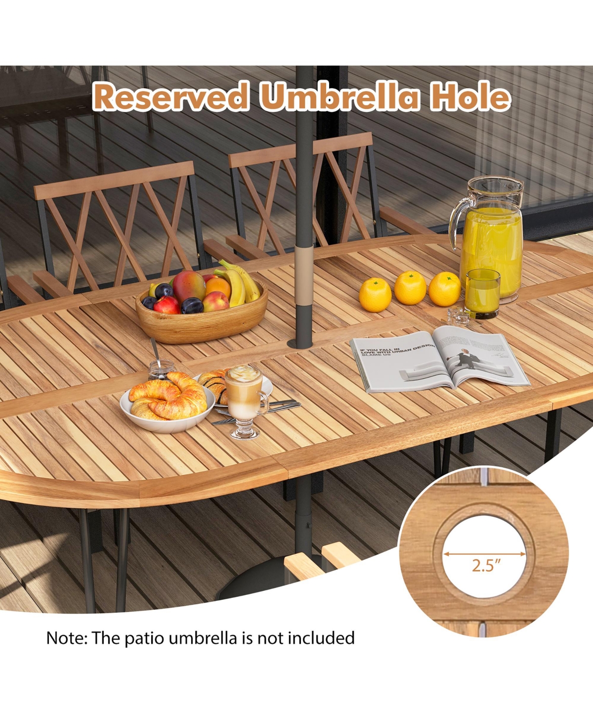 Gymax 9 Pcs Patio Dining Set Table w/ Acacia Wood Top & Umbrella Hole Metal Frame