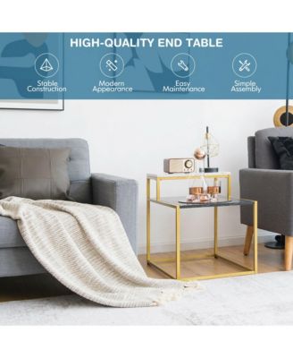 2 Tier End Side Table Metal Frame Nightstand with Storage Shelf Living Room