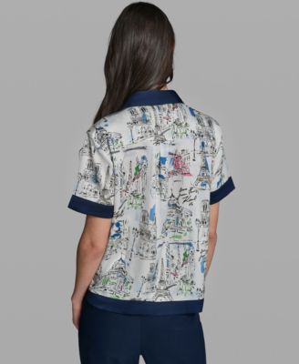 Women's Short-Sleeve Collared Printed Camp Shirt