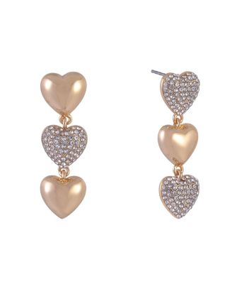 Linear Gold Tone Heart Earrings with Pave Stones