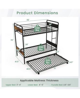 Twin Over Twin Bunk Bed w/ Trundle Industrial Metal Bunkbed Frame