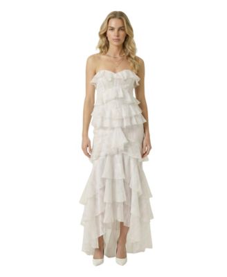 Women's Strapless Raw Edge Tiered Ruffle Maxi Dress