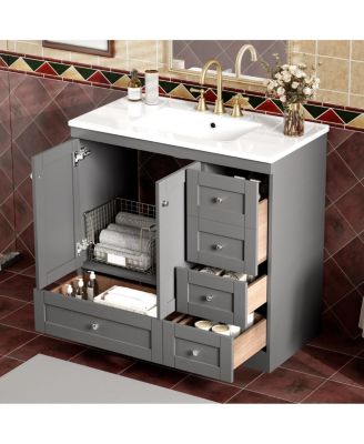 36" Shaker Bathroom Vanity with Ceramic Sink,Freestanding MDF Cabinet, Soft-Close Drawers & 2 Doors for Modern Storage