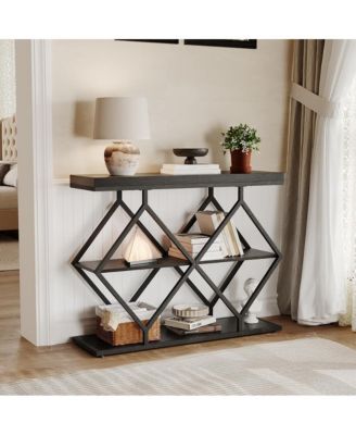 3-Tier Narrow Farmhouse Console Table for Living Room – Entryway Accent Furniture with Storage Shelves, Geometric Metal Legs, Easy Assembly