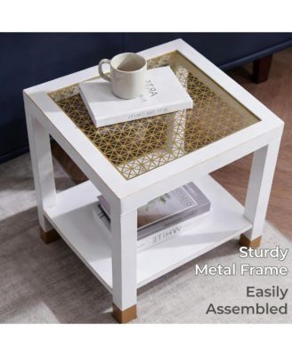 Square Side Table - Modern 2-Tier Tempered Glass End Table, Gold Mesh Accent Bedside Table with Metal Frame for Bedroom, Living Room