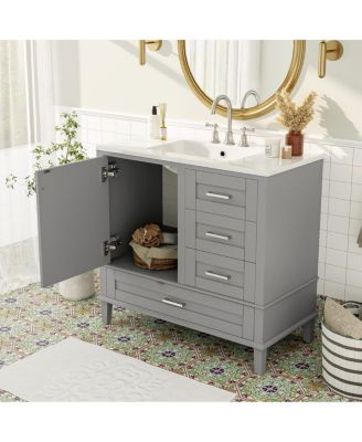 36" Bathroom Vanity with Ceramic Sink, Solid Pine Frame, Soft Close Drawers & Door for Small Spaces