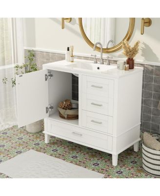 Bathroom Vanity with Ceramic Sink, Solid Pine Frame, Soft Close Drawers & Door for Small Spaces